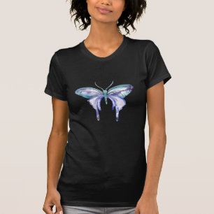 Camiseta borboleta azul aqua roxa aquarela