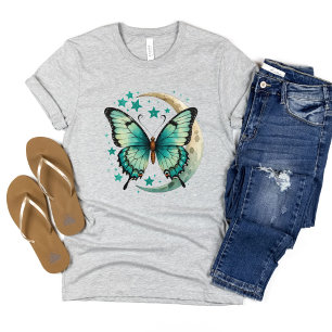 Camiseta Borboleta Azul Celeste Estrelas Crescente Lua Boho