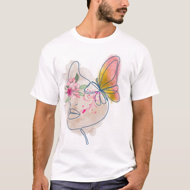 Camiseta Borboleta Bloom - Abstrato Floral Face Art" (Frente)