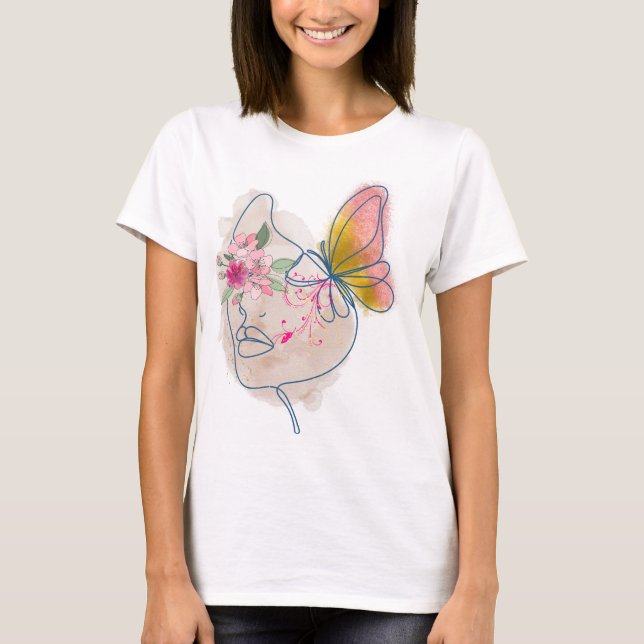 Camiseta Borboleta Bloom - Abstrato Floral Face Art" (Frente)