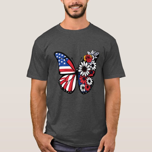 Camiseta Borboleta Bloqueada Patriótica - Estrelas, Stripes (Frente)