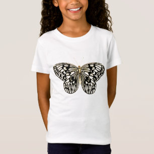 Camiseta Borboleta branca e preta,fundo rosa-coral