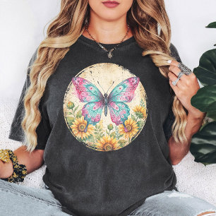Camiseta Borboleta de Aquarela Girassóis Florais Arte Grung