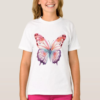Camiseta Borboleta de aquarela rosa-púrpura e azul