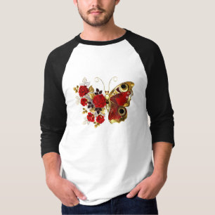 Camiseta Borboleta de flor vermelha com rosas vermelhas