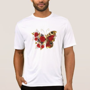 Camiseta Borboleta de flor vermelha com rosas vermelhas