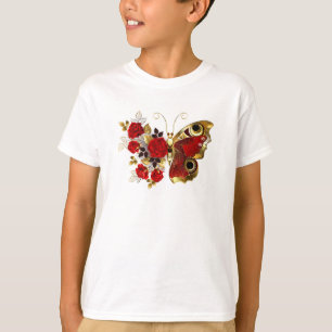 Camiseta Borboleta de flor vermelha com rosas vermelhas