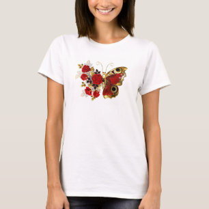 Camiseta Borboleta de flor vermelha com rosas vermelhas