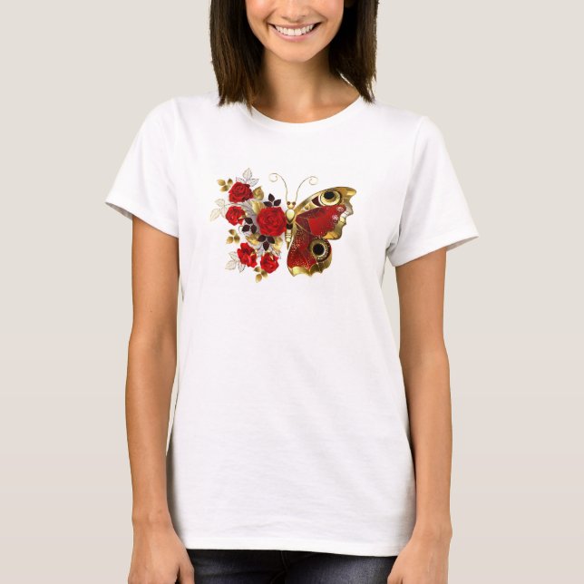 Camiseta Borboleta de flor vermelha com rosas vermelhas (Frente)