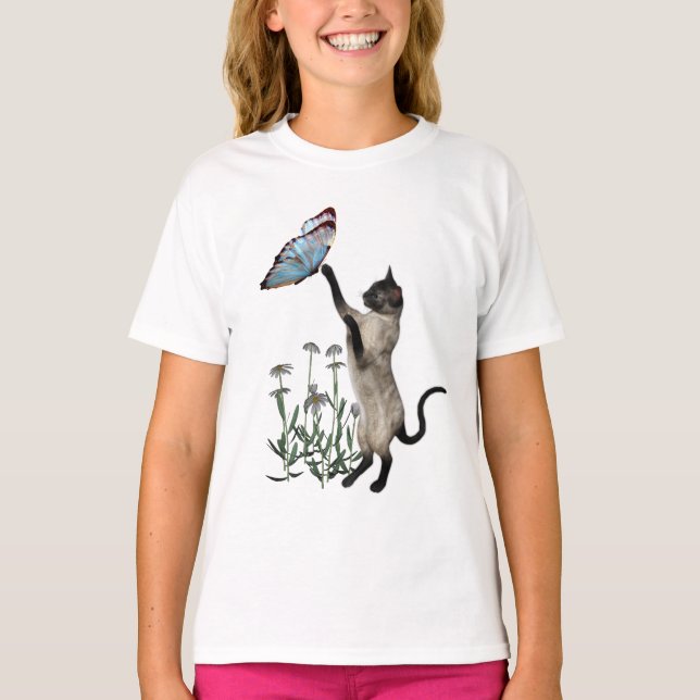 Camiseta Borboleta De Gato Siamês E Flores De Margarida (Frente)