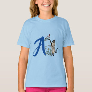 Camiseta Borboleta de Gato Siamesa Monograma Inicial A Fofo