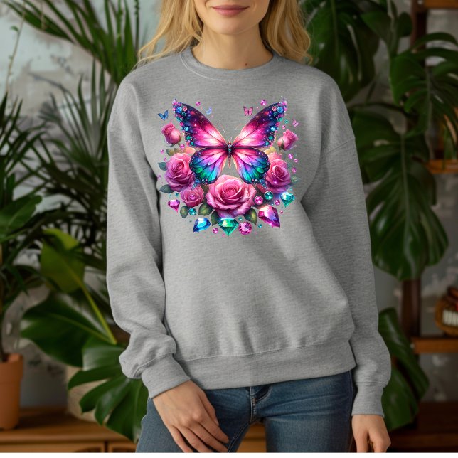 Camiseta Borboleta de Pedras Preciosas Com Rosas C (Criador carregado)