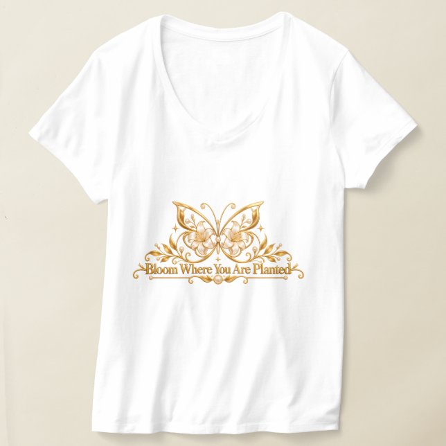 Camiseta Borboleta Dourada Floresça Onde Você Está (Postura )