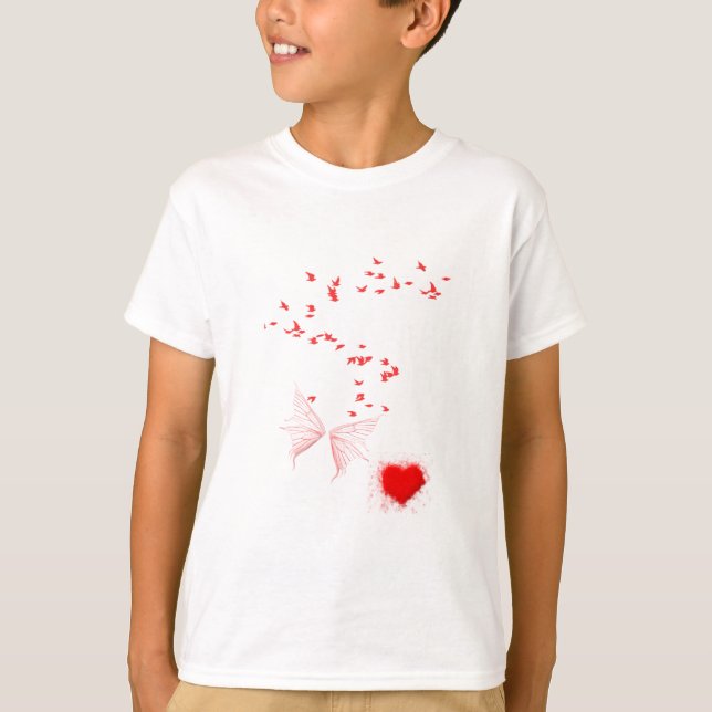 Camiseta Borboleta e Coração de Aves Vermelhas (Frente)