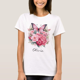 Camiseta Borboleta e Flores Coloridas Retro-Coloridas Rosa 