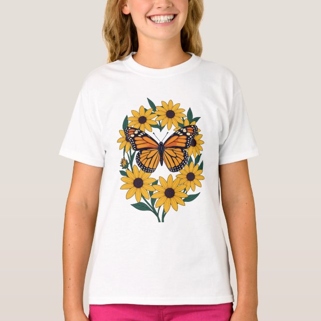 Camiseta Borboleta E Flores De Margarida De Olho Negro (Frente)