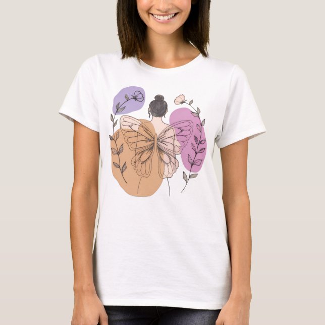 Camiseta Borboleta Elegante Fada-Mulher-Arte de Linha (Frente)