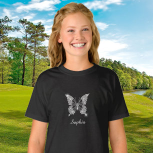 Camiseta Borboleta em Diamantes Brancos, Nome em Letra, Pre