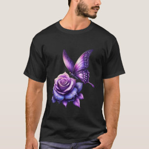 Camiseta Borboleta Em Uma Flor De Rosa De Cor Roxa Borbolet