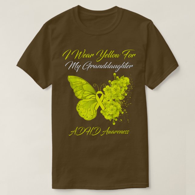 Camiseta Borboleta Eu Visto Amarelo para minha neta ADHD (Frente do Design)