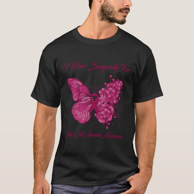 Camiseta Borboleta Eu Visto Borgonha Para Anemia De Células (Frente)
