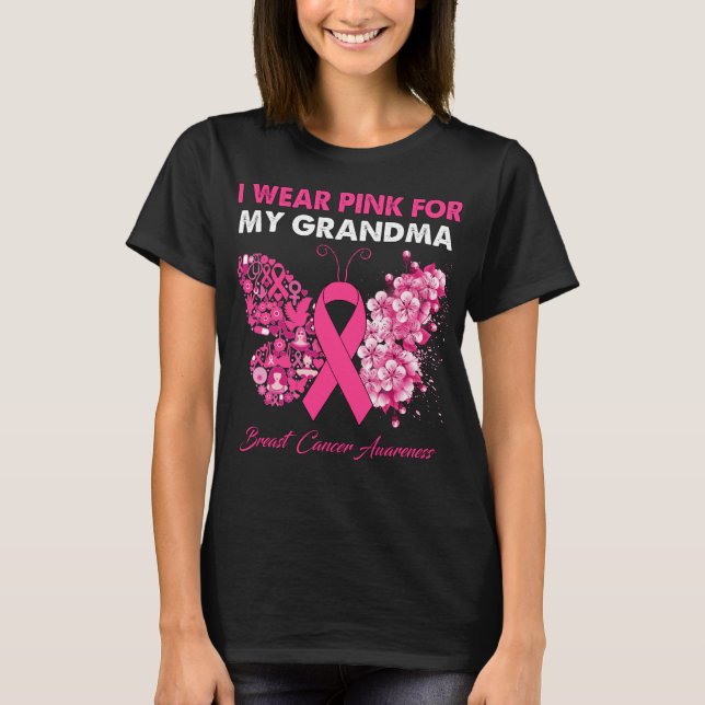 Camiseta Borboleta Eu Visto Rosa Para O Cancer Da Minha Avó (Frente)