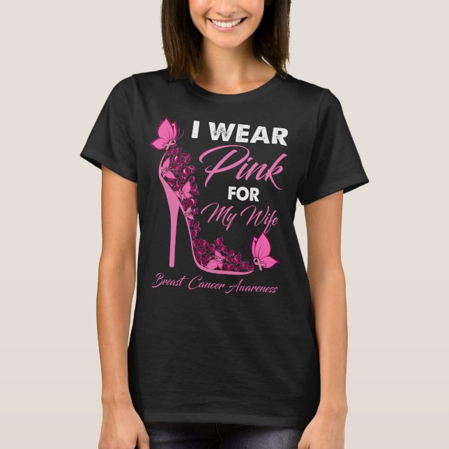 Camiseta Borboleta Eu Visto Rosa Para O Cancer Da Minha Mul (Frente)
