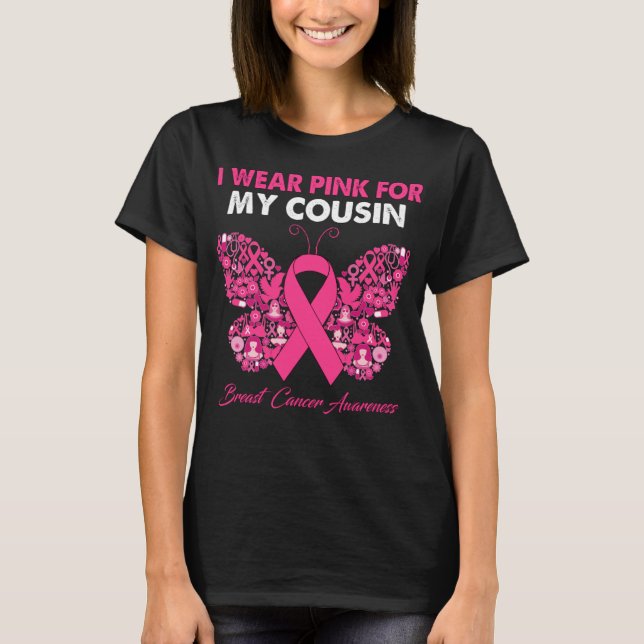 Camiseta Borboleta Eu Visto Rosa Para O Meu Primo Cancer De (Frente)