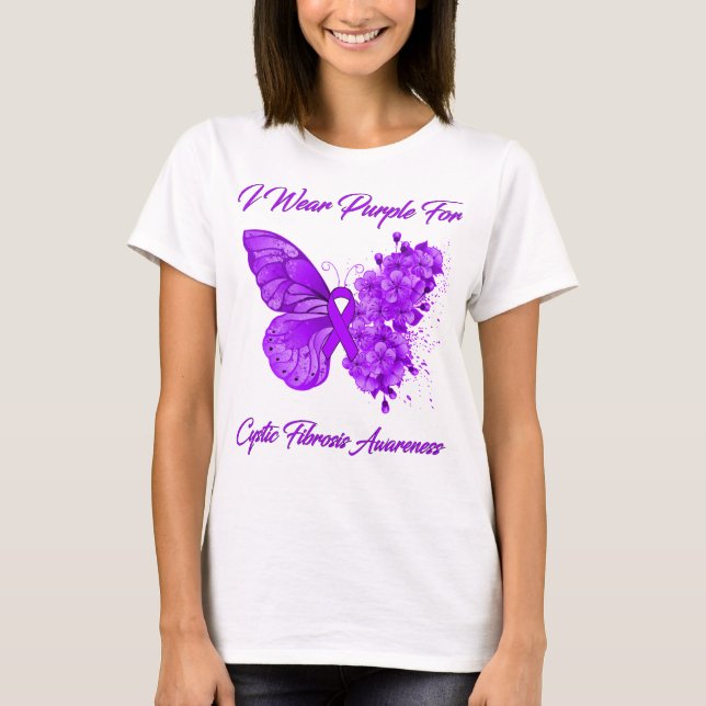 Camiseta Borboleta Eu Visto Roxo Para Fibrose Cística (Frente)