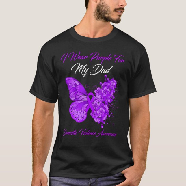 Camiseta Borboleta Eu Visto Roxo Para Meu Pai Violen Domést (Frente)