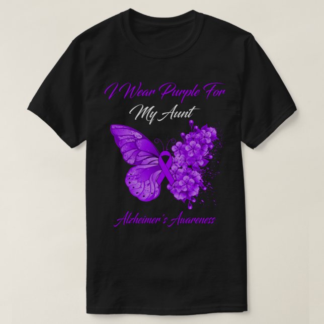 Camiseta Borboleta eu Visto roxo para minha tia Alzheimer (Frente do Design)