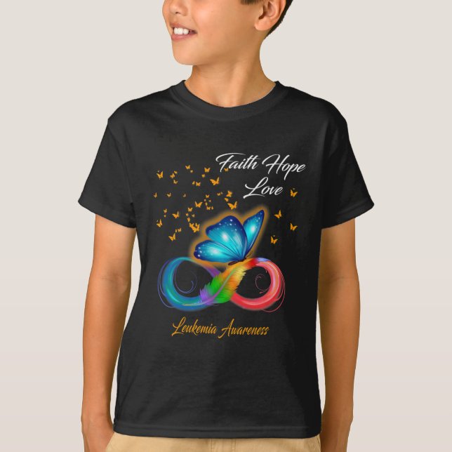 Camiseta Borboleta Fé Esperança Ama Consciência da Leucemia (Frente)