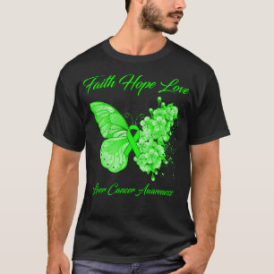 Camiseta Borboleta Fé Esperança Ama Consciência do Câncer d