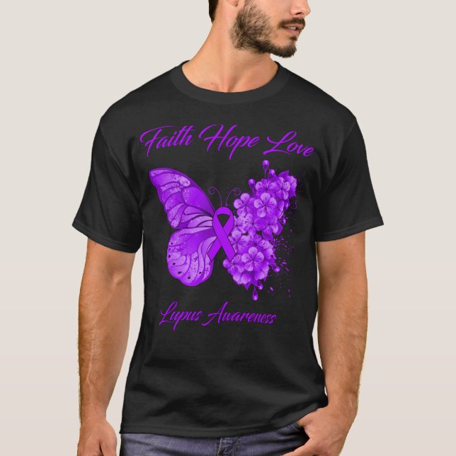 Camiseta Borboleta Fé Esperança Ama Consciência do Lupus (Frente)