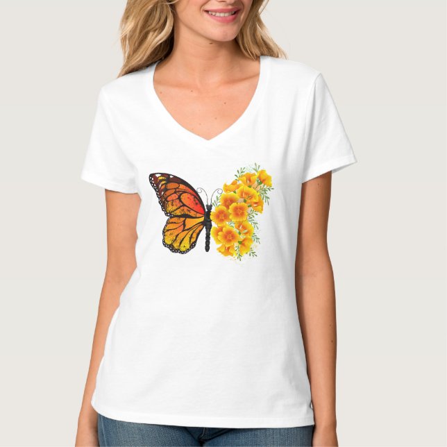 Camiseta Borboleta Flor com Papagaio Amarelo da Califórnia (Frente)