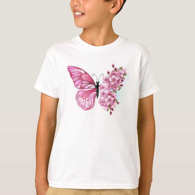 Camiseta Borboleta Flor com Sakura Rosa (Frente)