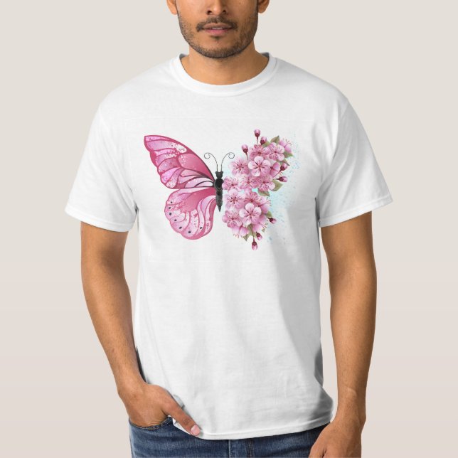 Camiseta Borboleta Flor com Sakura Rosa (Frente)