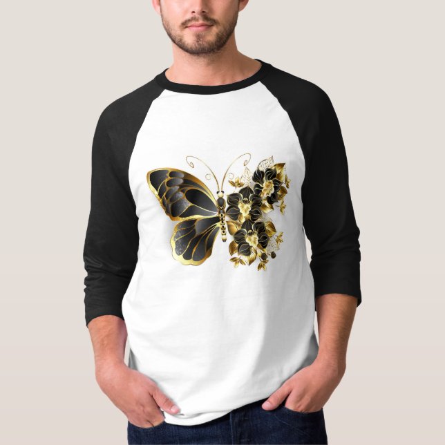 Camiseta Borboleta Flor de Ouro com Orquídea Preta (Frente)
