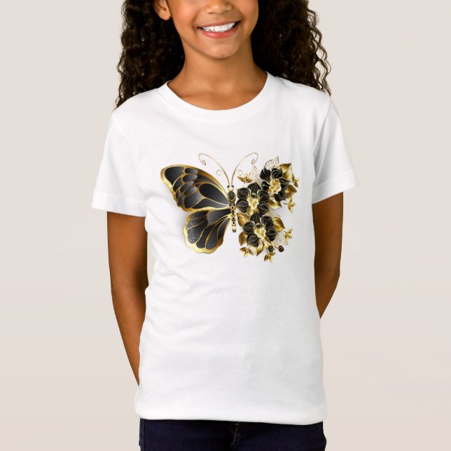 Camiseta Borboleta Flor Dourada com Orquídea Preta (Frente)