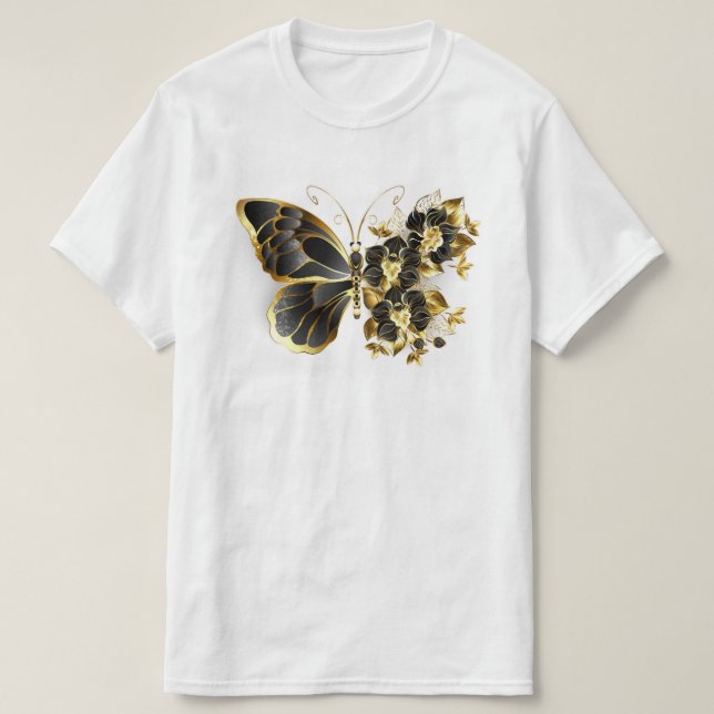 Camiseta Borboleta Flor Dourada com Orquídea Preta (Frente do Design)