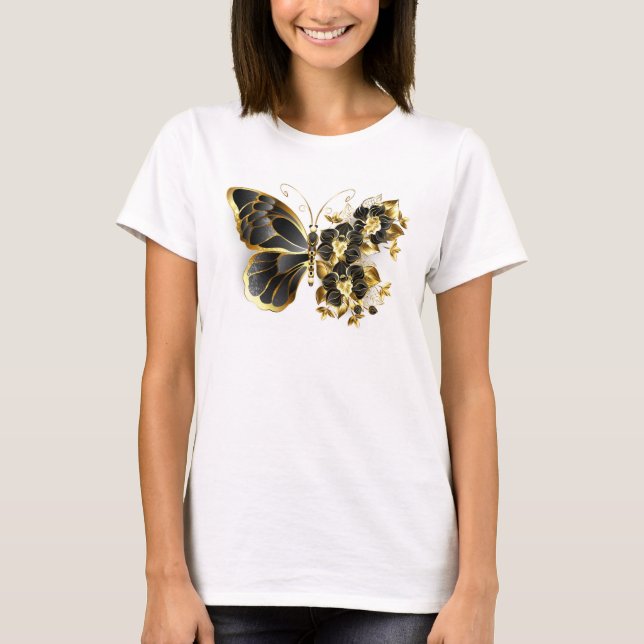 Camiseta Borboleta Flor Dourada com Orquídea Preta (Frente)
