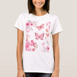 Camiseta Borboleta Floral Jardim Aquarela Rosa