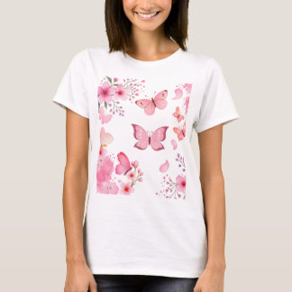 Camiseta Borboleta Floral Jardim Aquarela Rosa