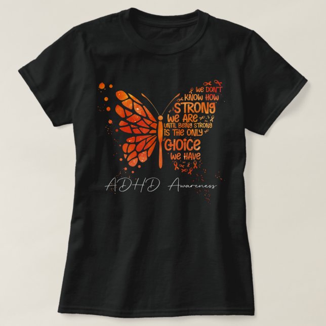 Camiseta Borboleta Laranja Fita ADHD Sensibilização (Frente do Design)