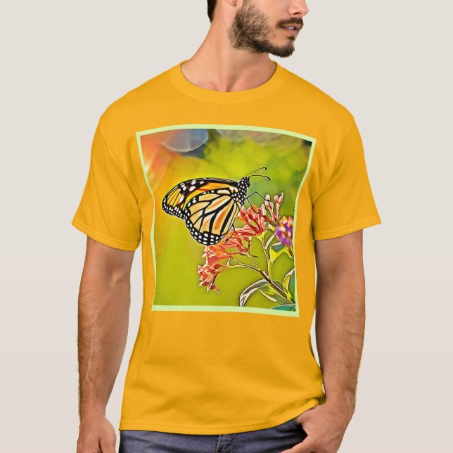 Camiseta Borboleta Laranja na Design do Flor Rosa (Frente)