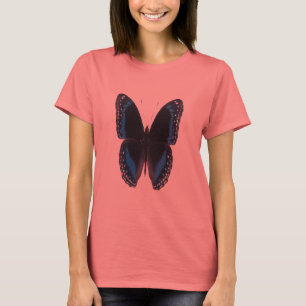 Camiseta borboleta Metálico-azul-em-preta, t-shirt da