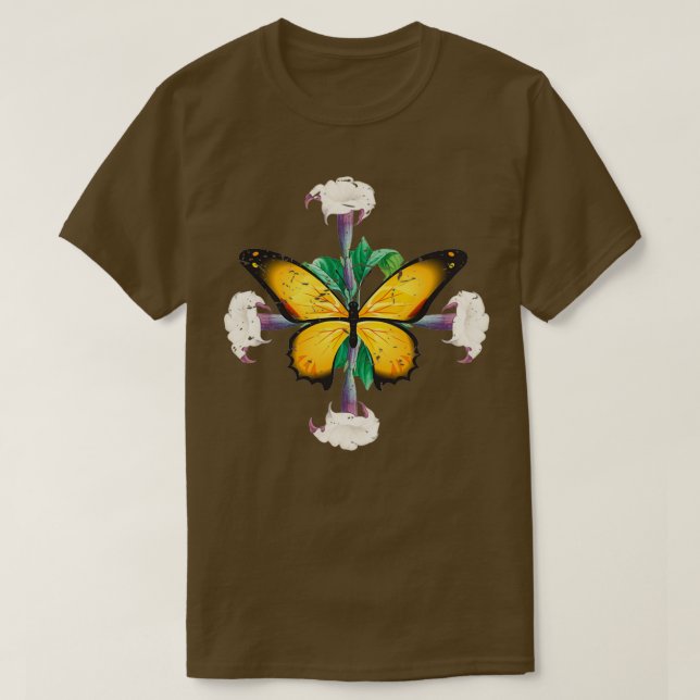 Camiseta Borboleta Monarca com datura floresce mandala (Frente do Design)