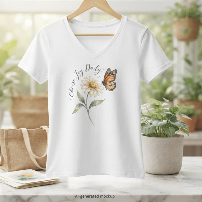 Camiseta Borboleta Monarca e Margarida em Aquarela (Uplifting daisy and butterfly v-neck for a nature-loving friend’s birthday brunch.)