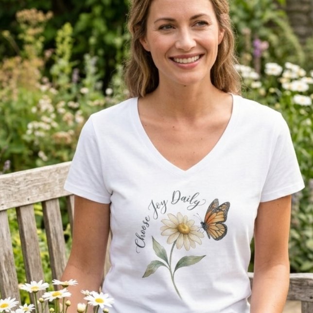 Camiseta Borboleta Monarca e Margarida em Aquarela (Uplifting daisy and butterfly v-neck for a nature-loving friend’s birthday brunch.)