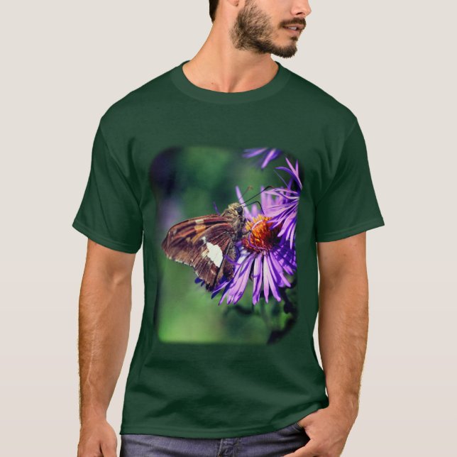 Camiseta Borboleta Na Flor Aster Roxo (Frente)